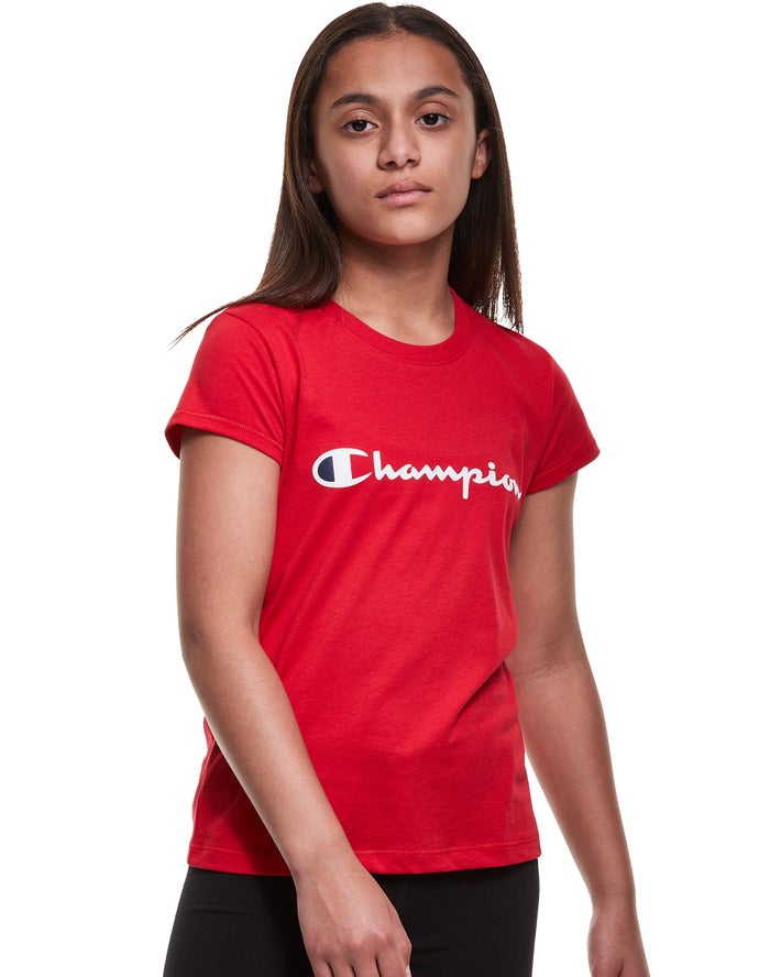 Champion Girls T-Shirt NZ - Classic Script Logo Red ( 7081-AOZGS )